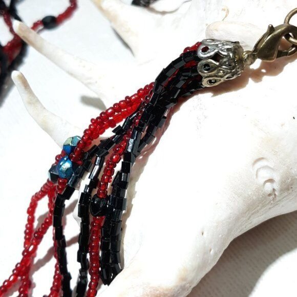 Black Red Seed Bead Necklace 8 Multi Strand Festival Classic - Picture 7 of 8